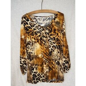 Susan Graver Size 1X Liquid Knit Sparkle Tunic Top Brown Black Animal Print